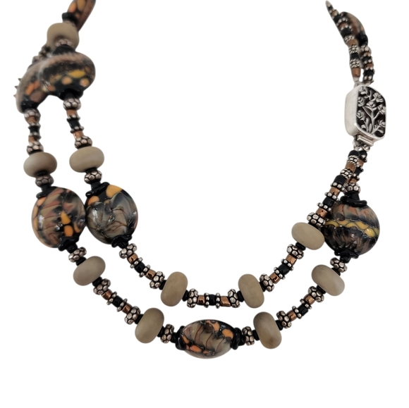 Art Bead Necklace 925 Sterling Silver Flower Clasp 925 Double StrandA0229 -Q2